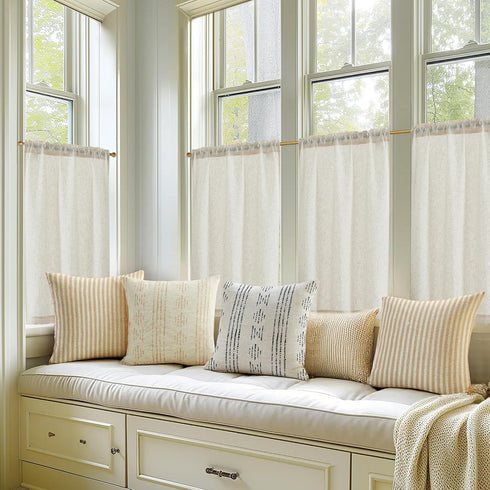 jinchan Beige Kitchen Curtains, Linen Tier Curtains 45 Inches, Farmhouse Cafe Light Filtering Flax Country Rustic 2