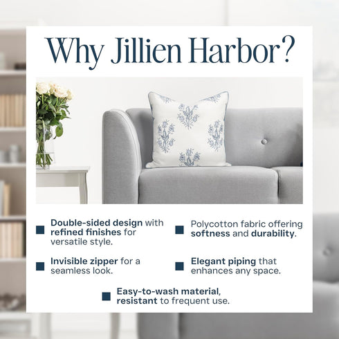 19" 19" Jillien Harbor The Mary Blue and White Decorative Throw Pillow Cover Floral Block Print Pillow Cover