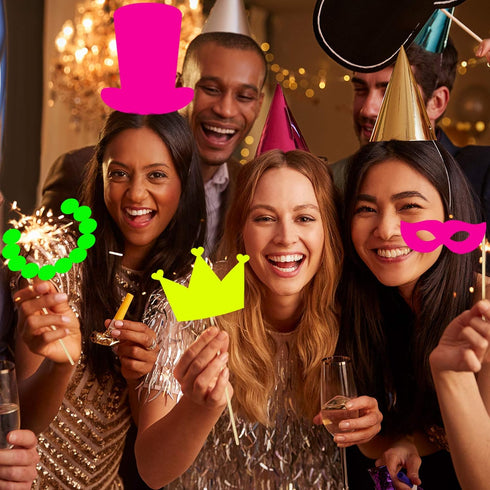 Skylety 42 Pcs Neon Photo Booth Props, Fully Assembled Colorful Fluorescent Paper for Birthday, Wedding, Halloween,