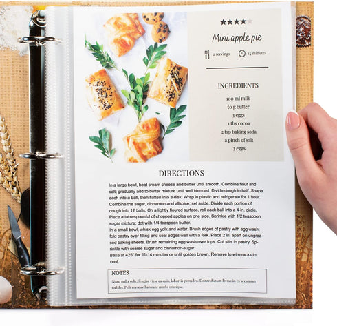 Full Size 8.5x11'' Pack of 50 Recipe Sheet Protectors for Binders, Top-Loading Clear Plastic Sleeves, Convenient Refill.