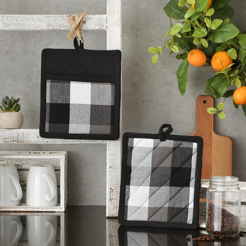 DII Tri-Color Check Collection Kitchen Potholder Set, 2 Piece Black