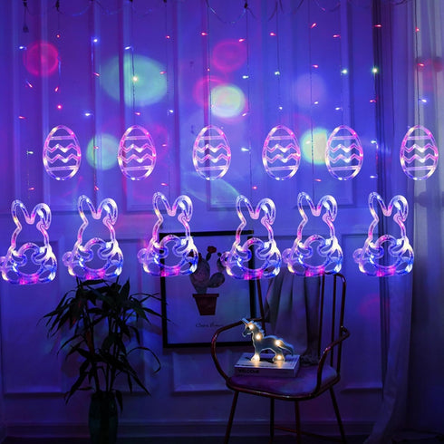 222LED 9FT 8 Dazzle Bright Easter Lights, Pastel Rabbit and Eggs Curtain String Lights with Modes, Plug in Easter