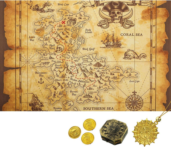 Gejoy Halloween Pirate Treasure Map, Vintage Gold Secret Sea Historical Theme Party Accessory with Compass Necklace and