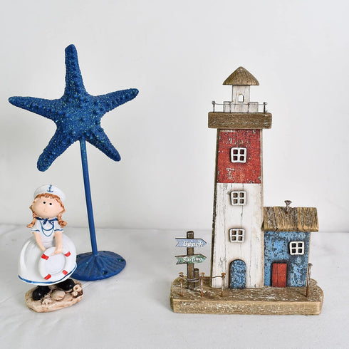 Decorative Lighthouse for Home Decor, 10.16" H Rustic Wood Light House Sculpture, Nautical Beach Tabletop Centerpiece