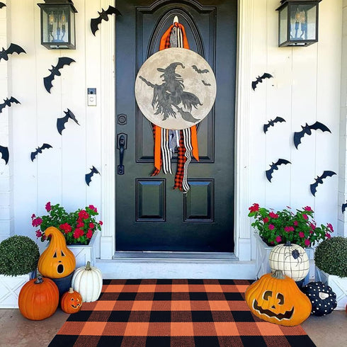 Cotton Orange and Black Plaid Rug - 27.5''x43'' Hand-Woven Washable Decorative Mat for Fall Outdoor Entryway