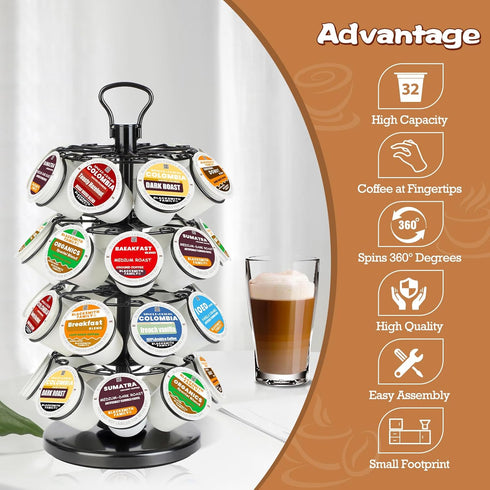 K Cup Holders Carousel, Coffee Pods Storage Organizer Stand (Black, 32 Pods Capacity K/D Design)