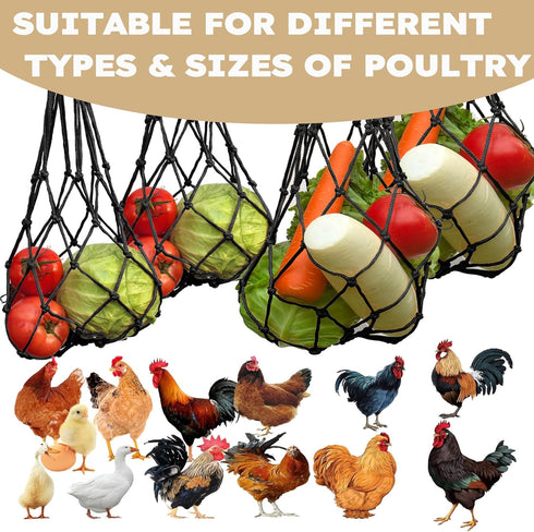 DMIMIA 4Pcs, Chicken Vegetable Fruit Hanging Feeder Reusable String Bag with Hook for Chicken Coop Toys, Poultry