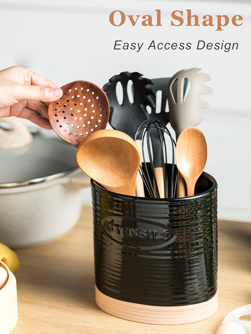 YHOSSEUN Black Utensil Holder, Ceramic Utensil Holder for Kitchen Counter, 6.7" Crock for Kitchen Tools Utensil Caddy, Oval Shape