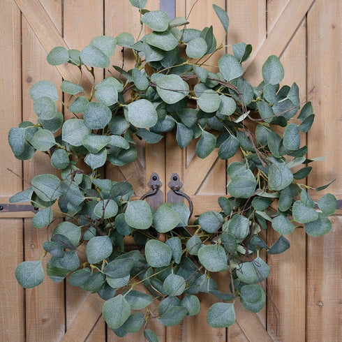 idyllic Eucalyptus Leaves Wreath, 22 Inches Round Green Metal Polyester Fabric Paper for Front Door Decor