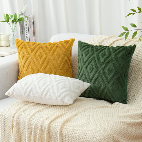 Soft Faux Fur Throw Pillow Covers 18x18, Plush Decorative Pillow Covers with 3D Diamond Pattern - Set of 2