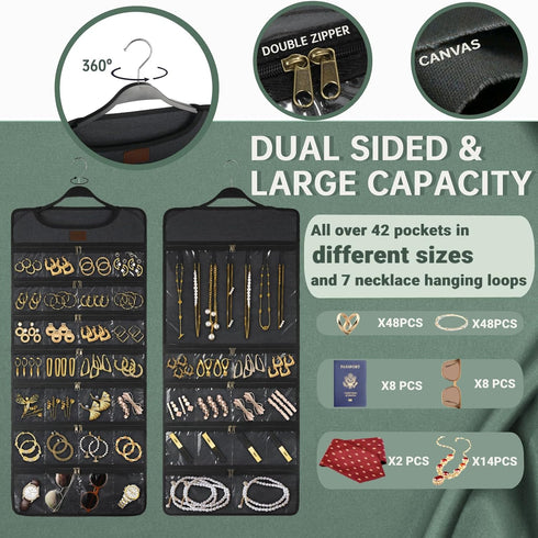 SMRITI Hanging Jewelry Organizer with Dual Zippered Pockets, Canvas Double Sided Rotating Hanger for Necklaces and