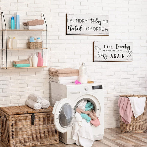 2 Pieces Laundry Room Decor Sign, Rustic Farmhouse Bathroom Wall Decor, Funny Laundry Signs (12 x 6 Inch)