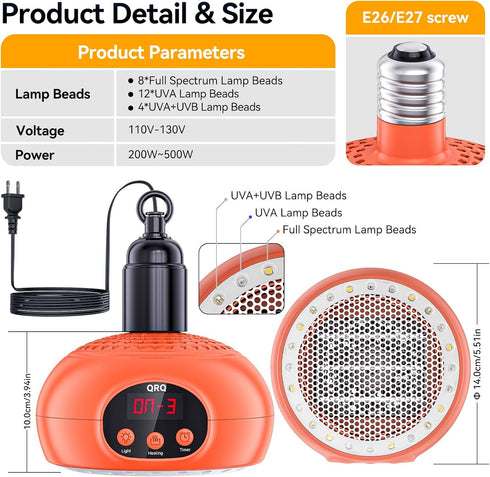 QRQ 200W-350W-500W 3-6-9-12H Chicken Coop Heater Adjustment Chicken Heater with UVA UVB Ligh Timer, Chicken House Dog