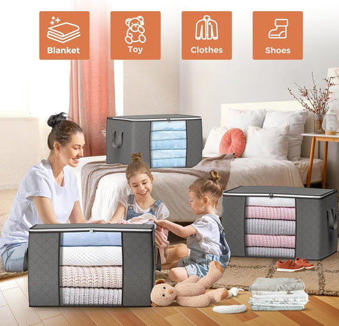 90 L Large Storage Bags, 6 Pack Clothes Storage Bins with Reinforced Handle for Clothing, Blankets, Pillows (Gray)