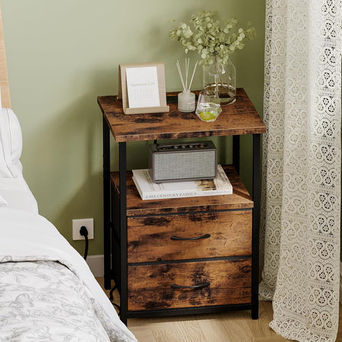 Fixwal Night Stand with Charger Station, Nightstand with Charging Station & Fabric DrawersRustic Brown