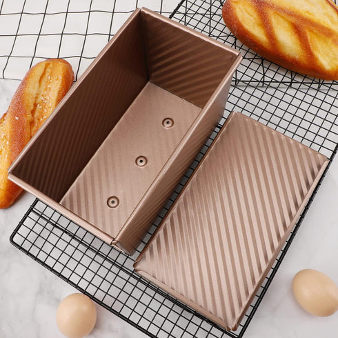 Beasea Carbon Steel Pullman Loaf Pan with Lid, Non-Stick Bakeware for Baking Bread, Gold Toast Box Mold