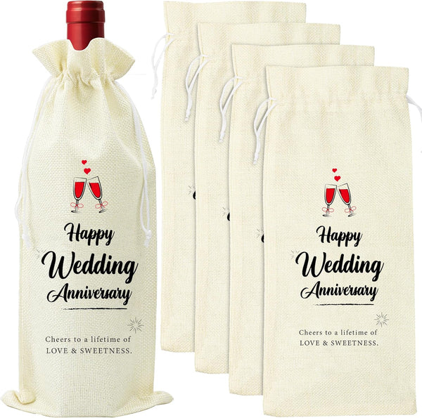 Omoojee 4 Pcs Wedding Anniversary Wine Bag, Flax Drawstring Couple Gift for Married Anniversary