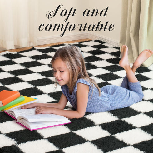 TOOHUB 5x7 Super Soft Rug for Bedroom, Ft Black and White Area Rug Classic Checkered Shaggy Anti-Skid High Pile Soft