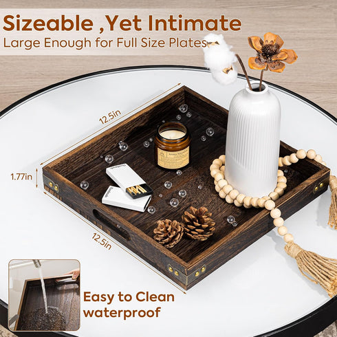 Handles,13"*13"Wood Yangbaga Serving Tray with Decorative Tray for Living Room,Modern Coffee Table Tray,Square Large