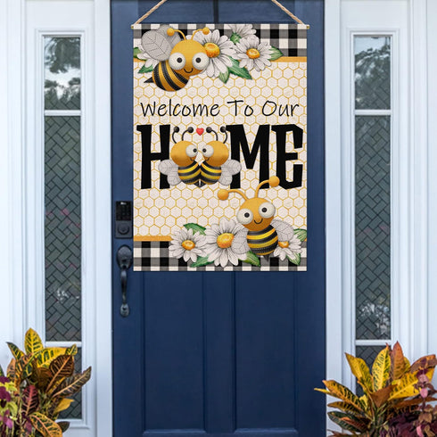 Welcome to Our Home Bumble Bee Spring Summer Decorative Large House Flag, Buffalo Plaid Check Daisy Garden Decor 28x40