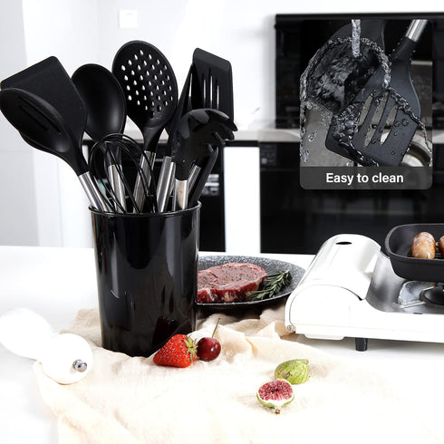 Kitchen Utensils Set | 28 Pcs Silicone Cooking Utensils Set with Holder, Black Stainless Steel Handle Kitchen Gadgets