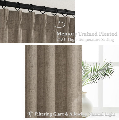 Pinch 54 Inch 2 Set, Custom Heavy Linen Pleated Kitchen Curtains Panels Dark Tan Boho Memory Trained Privacy Short