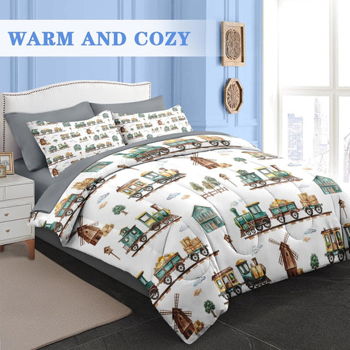 Set 5 Sets Pamnest Comforter Twin Size, Cute Cartoon Train Pcs Bedding for Kids and Adults, Green Barn Tree Bed Sheet