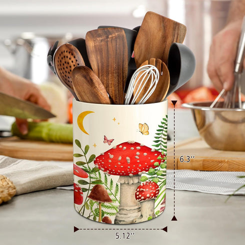 Hexagram Mushroom Decor Utensil Holder, Mushroom Kitchen Decor Ceramic Utensil Holder for Farmhouse Indoor Kitchen
