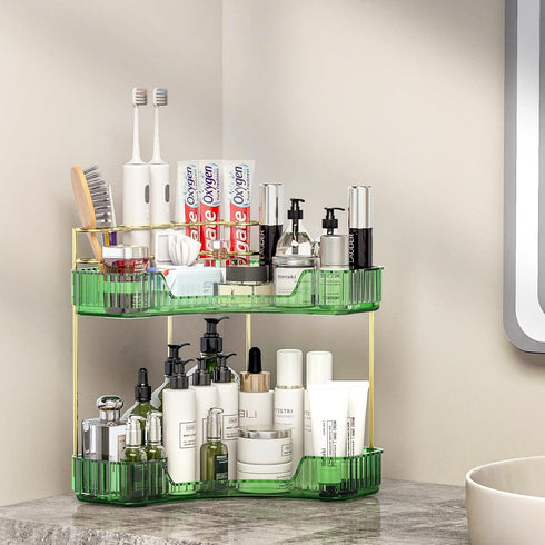 2 Tier Corner Bathroom Organizer Countertop, Vanity Makeup Organizer with Brush Holder,