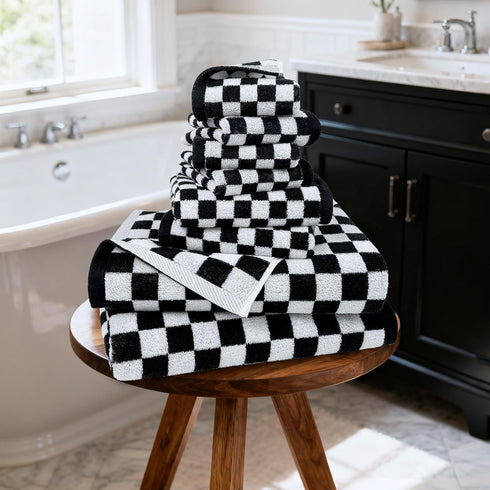 Set 8, 2 2 4 Jacquotha Black and White Towels of Cute Checkered Towels for Bathroom Decor, Bath, Hand, Washcloths