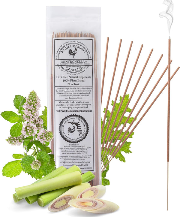 100 Pcs Farm Raised Candles - USA Made Mintronella Natural Mosquito Repellent Sticks for Outdoor Insect