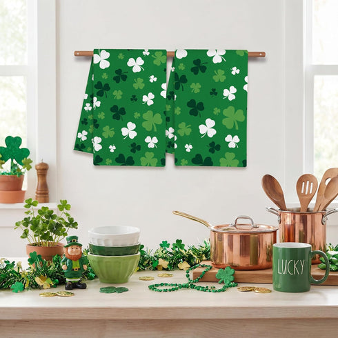 FUTBU Set 2 18x26 Inch St. Patrick's Kitchen Towels, Green Clover Shamrock Dish Towels of for Bathroom Decorations