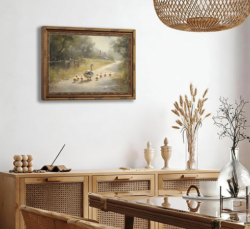 xikafou 3D Countryside Textured Canvas Wall Art Vintage Carved Gold Frame Duck With Ducklings Farmhouse Vintage Relief