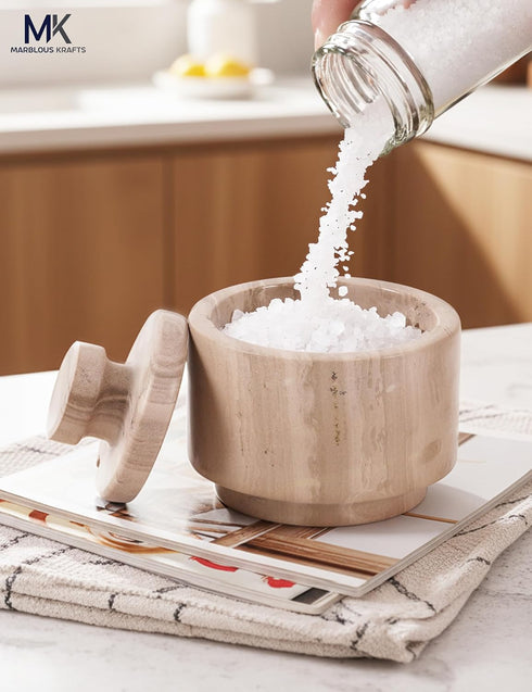 3" Countertop MARBLOUS KRAFTS Marble Salt Cellar with Lid & Spoon brown Small Flaky Salt Box, Sugar Jar, Spice Storage