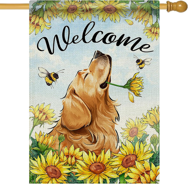 Welcome Spring Summer Golden Retriever Dog Decorative House Flag, Sunflowers Bee Garden Yard Outside Decorations, 28 x