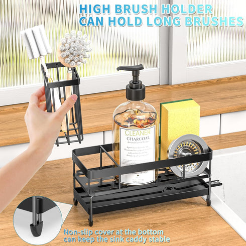 Sink Organizer Caddy for Kitchen Counter, Black Dish Sponge Holders and Instant Dry Brush Holders for Storage