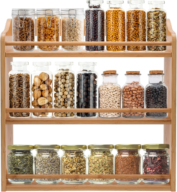 3 Tier Bamboo Spice Rack, Seasoning Jars Rack Shelf Spice Organizer for