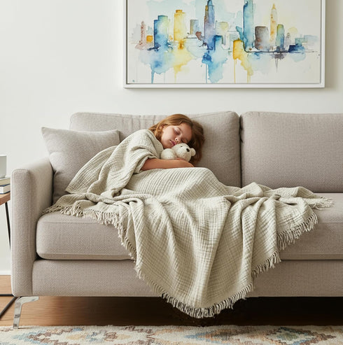 KyraHome 100% 90"x90", Summer Organic Cotton Throw Blankets, Queen Pre-Washed Plant Dyed, Breathable Lightweight Soft