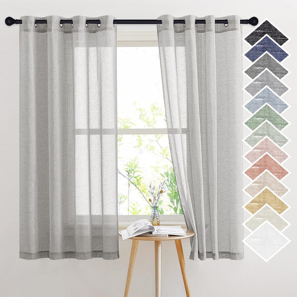 NICETOWN Linen Textured Semi Sheer Curtains, 63 Inches Length, Eyelet Top, 2 PCs, Grey, 52 Inches Wide