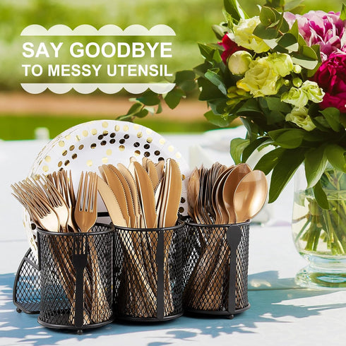 Metal Utensil Caddy - Silverware Organizer for Outdoor Party, Cutlery Caddy for Picnic, Buffet, RV BBQ, Farmhouse