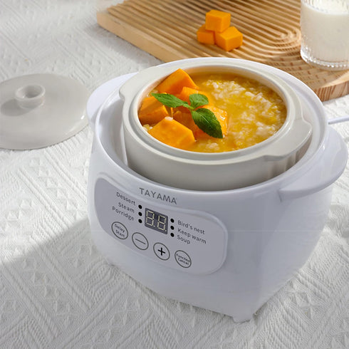 TAYAMA 1 Qt. White Mini Ceramic Stew Cooker - Pre-Settings and Built-In Timer, Small