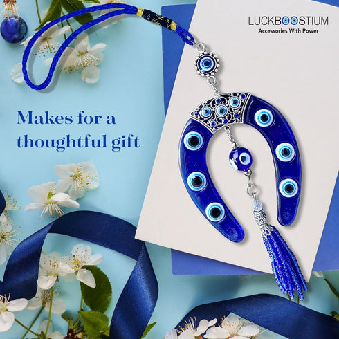 LUCKBOOSTIUM Evil Eye Horseshoe Hanging Ornament - Blue Charm & Horseshoe with Crystal for Luck & Protection