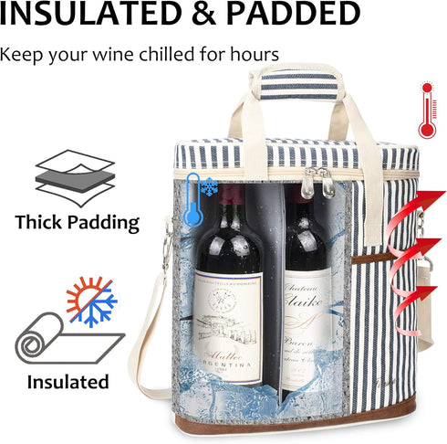 Tirrinia Insulated 3 Bottle Wine Gift Carrier - Padded Travel Cooler Tote Bag with Handle & Adjustable Strap, Stripe