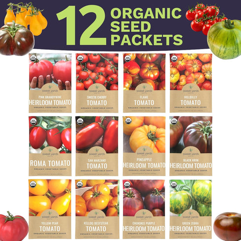 Pack 12 Packs 2026 Organic Tomato Seeds Variety - Individual - Season - Roma, Cherry, Black Krim, Yellow Pear