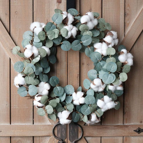 Idyllic Eucalyptus and Cotton Wreath, 14 Inches Artificial Decor for Farmhouse, Garden, Wedding, Natural Twig Base