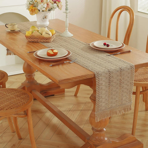 90 Inches Niviy Burlap Boho Table Runner for Home Decor with Tassels Long, Modern Farmhouse Decor Rustic Macrame Woven