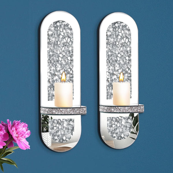 Azonsdop Crystal Crushed Diamond Mirrored Candle Sconces Set of 2, Glam Silver Wall