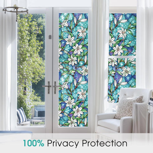 Coavas Decorative Window Privacy Film, Heat Control Sun Blocking Stained Glass Window Film, Floral Design Static Cling
