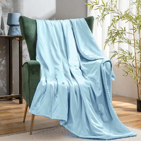 60x80 Inches, Vonty Satin Throw - Baby Blue Satin Blanket, Cooling & Silky, Wrinkle-Free Cable Knit for Couch, Sofa