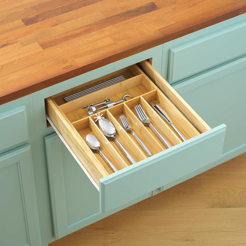 JoyJolt Bamboo Drawer Organizer, 7-Compartment Silverware Organizer for Kitchen, Garage, and Bathroom Utensils